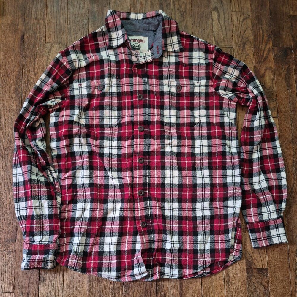 Wrangler Plaid Flannel Shirt Mens Large Red Black White Long Sleeve Button Fall